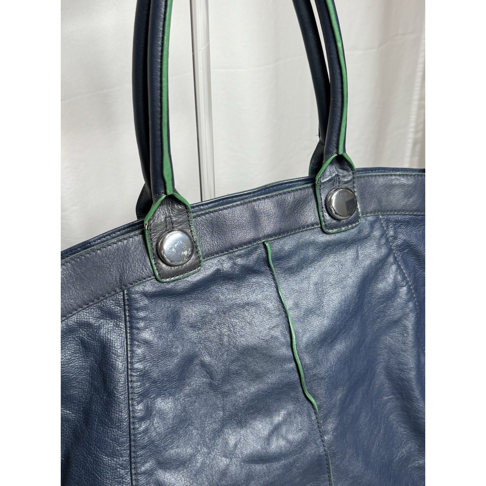 Banana Republic Leather Tote Bag Blue With Green Trim - Picture 3 of 9